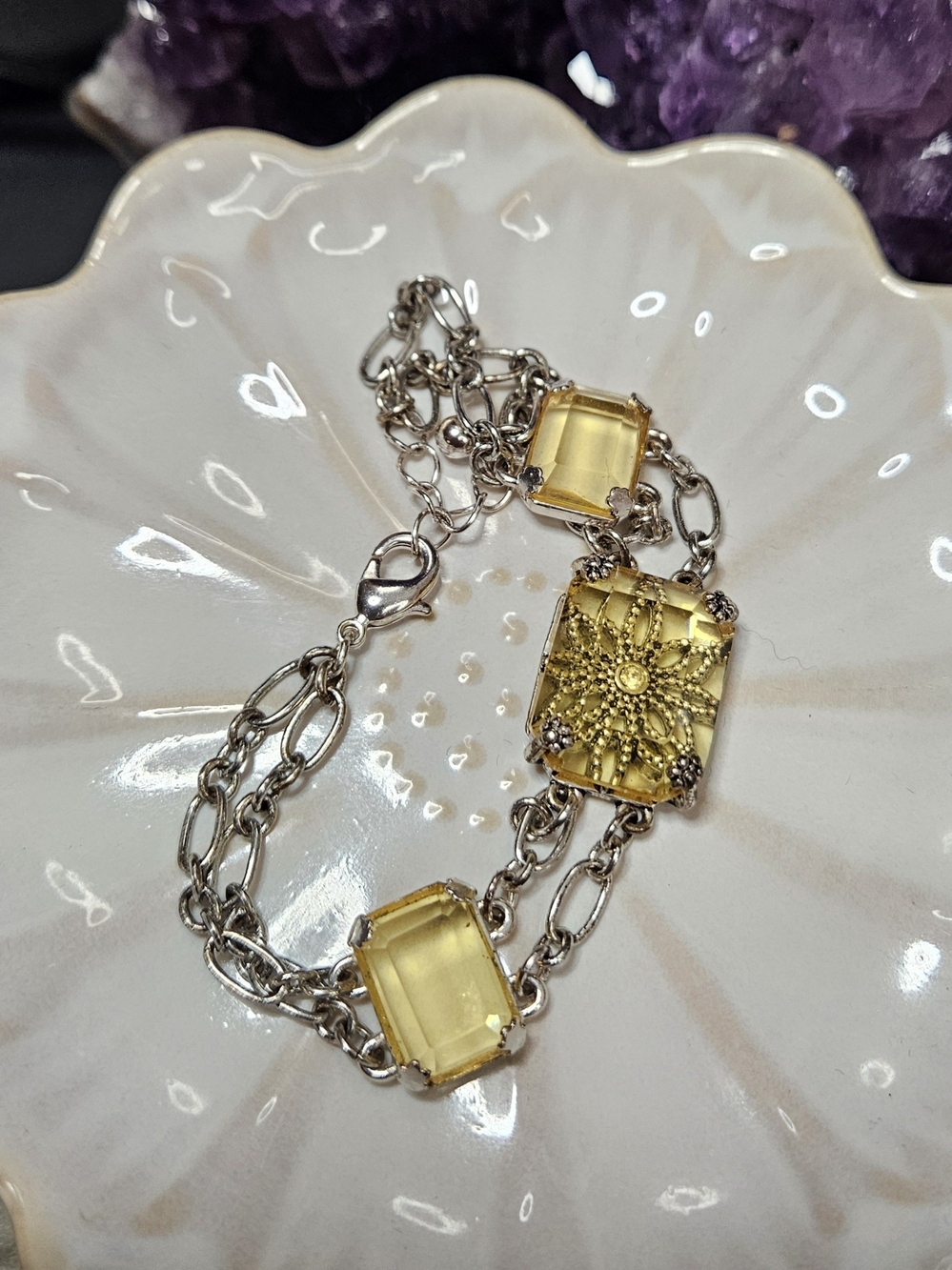 Silver Chain Yellow Glass Statement Bracelet